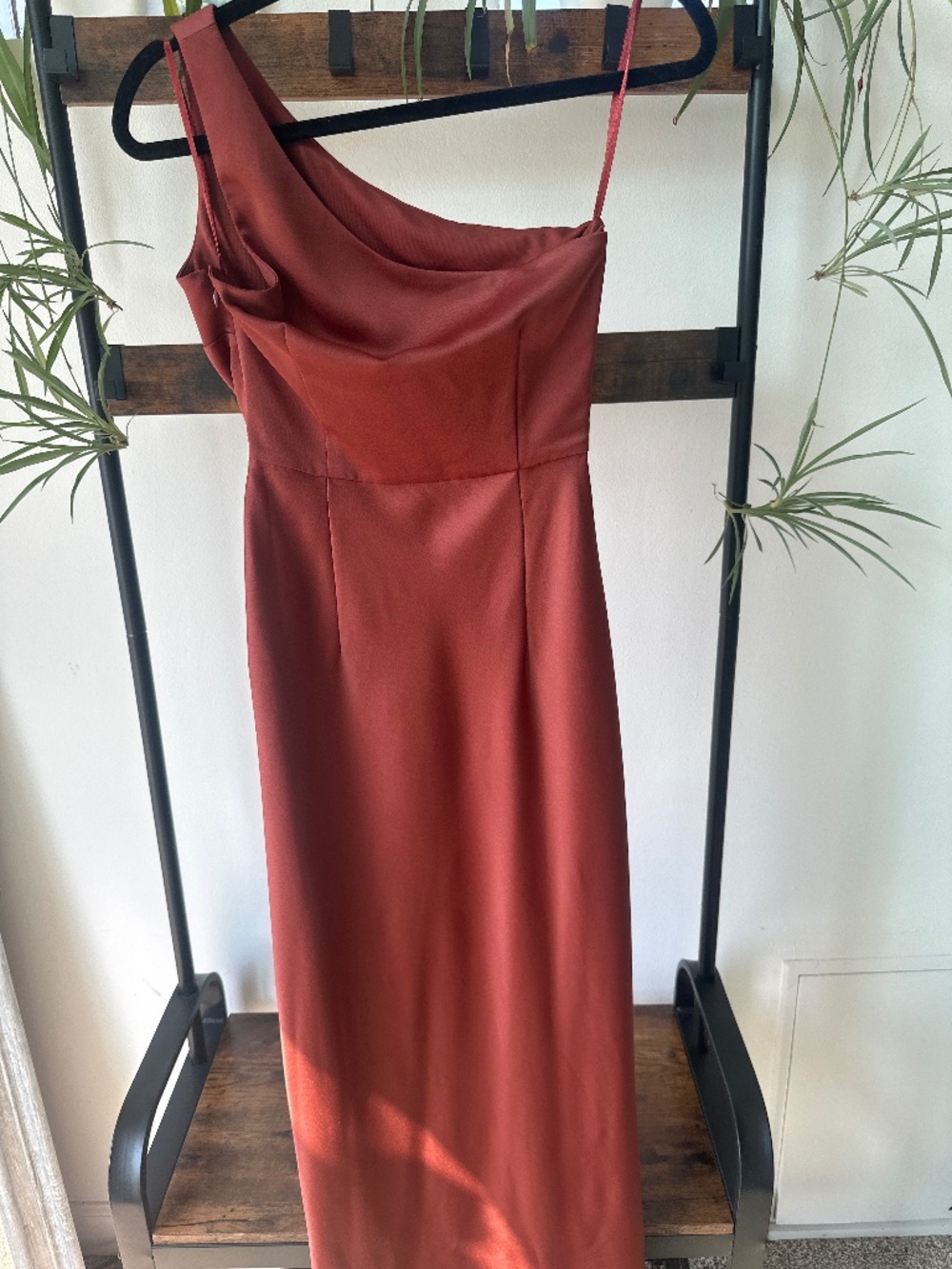 Satin one shoulder BHLDN rust minimalist maxi dress